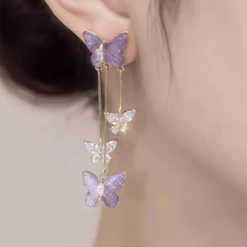 New Fashion Purple Crystal Butterfly Long Tassel Stud Earrings Temperament Sweet and Lovely Jewelry Party Premium Gift Wholesale